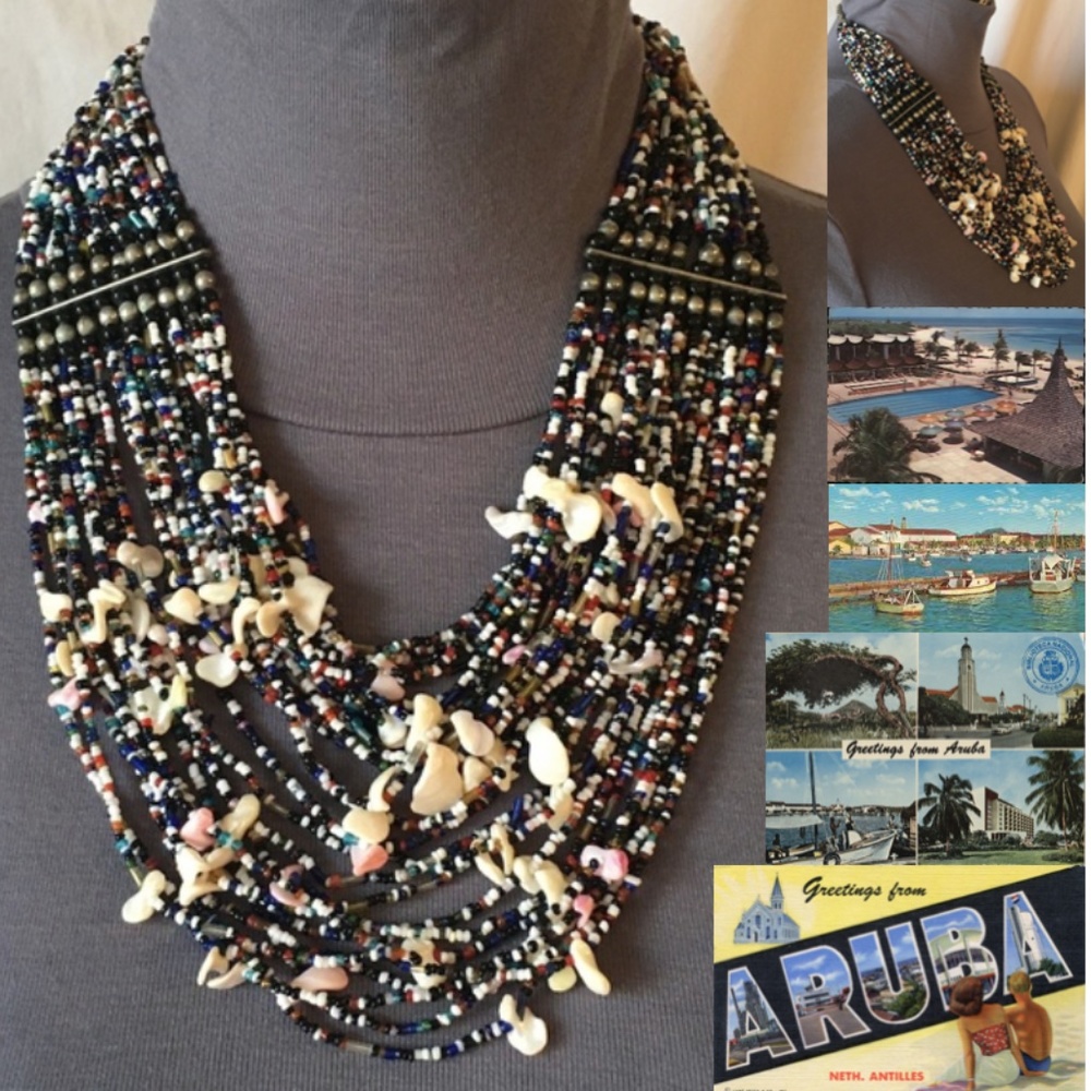 SOLD—Vintage 1970’s Beaded Seashell Tribal Layer Bib Necklace from Aruba - Picture 1 of 16
